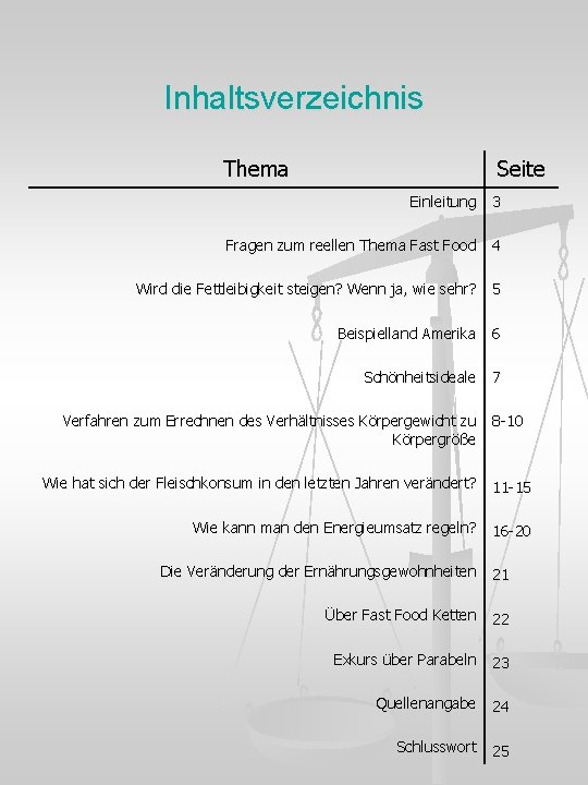 Inhaltsverzeichnis Thema Seite Einleitung 3 Fragen zum reellen Thema Fast Food 4 Wird die