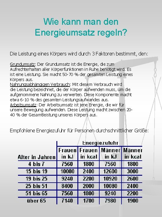 Wie kann man den Energieumsatz regeln? Die Leistung eines Körpers wird durch 3 Faktoren