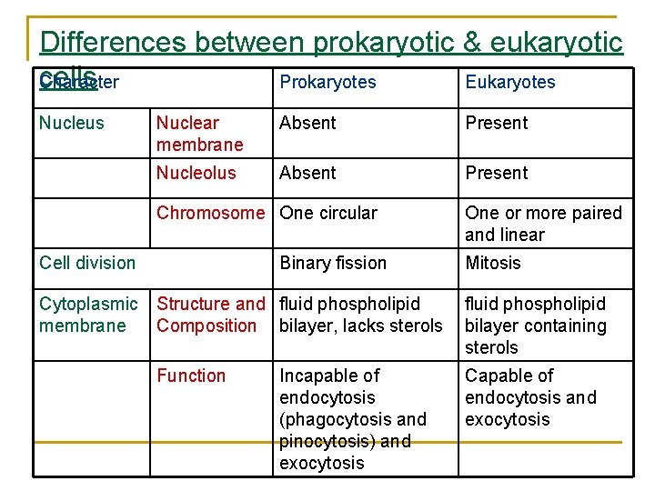 Differences between prokaryotic & eukaryotic cells Character Prokaryotes Eukaryotes Nucleus Nuclear membrane Absent Present