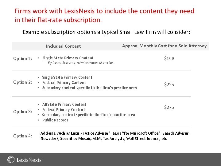 Firms work with Lexis. Nexis to include the content they need in their flat-rate