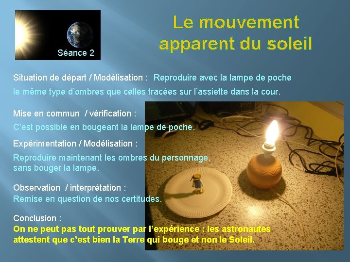 Séance 2 Le mouvement apparent du soleil Situation de départ / Modélisation : Reproduire