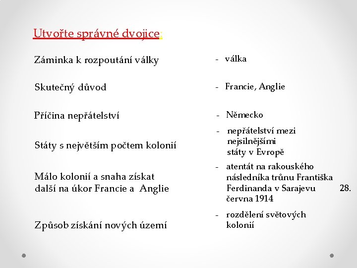 Utvořte správné dvojice: Záminka k rozpoutání války - válka Skutečný důvod - Francie, Anglie