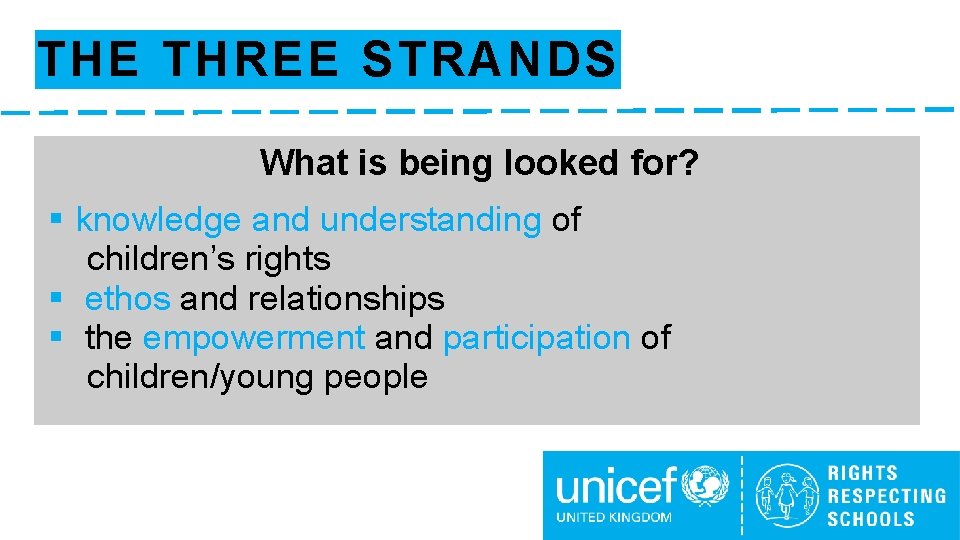 THE THREE STRANDS What is being looked for? § knowledge and understanding of children’s