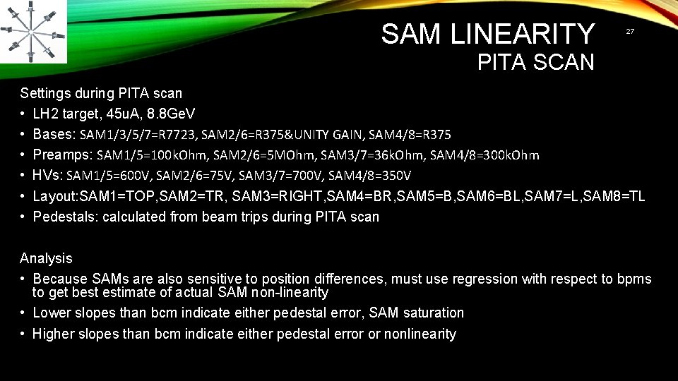 SAM LINEARITY 27 PITA SCAN Settings during PITA scan • LH 2 target, 45
