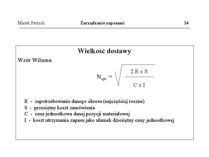 Marek Fertsch Zarządzanie zapasami 14 Wielkość dostawy Wzór Wilsona Nopt = 2 Rx. S