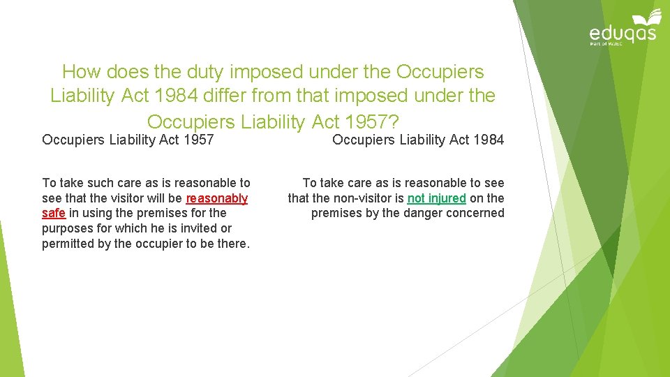 How does the duty imposed under the Occupiers Liability Act 1984 differ from that