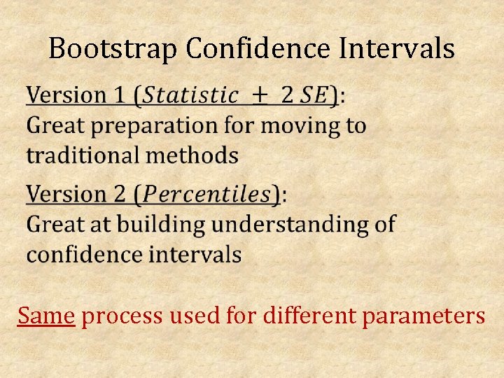 Bootstrap Confidence Intervals Same process used for different parameters 