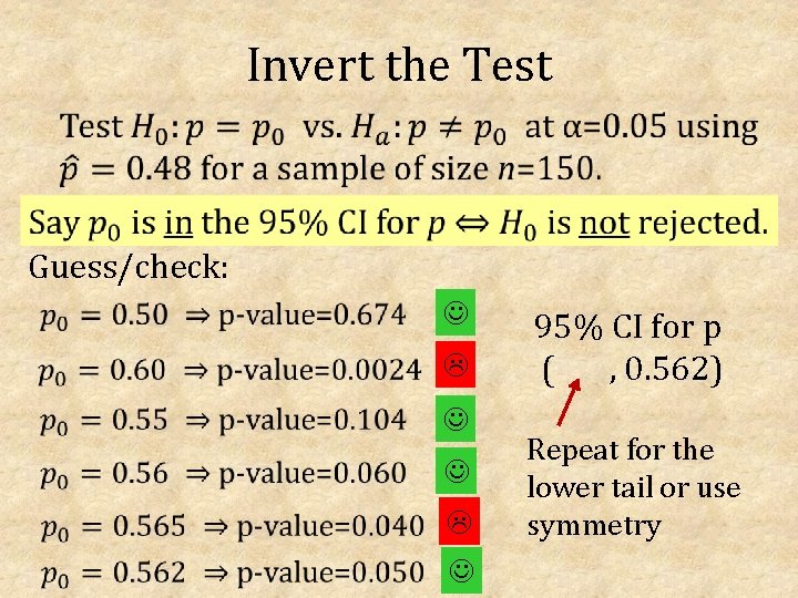 Invert the Test Guess/check: 95% CI for p ( , 0. 562) Repeat for