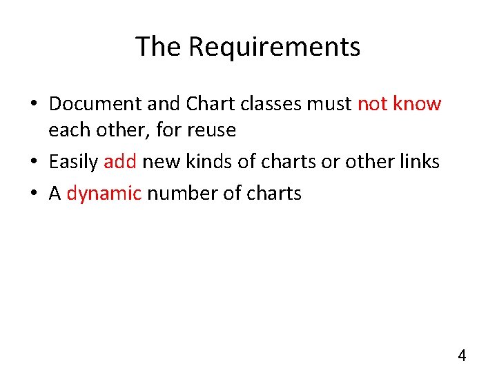 The Requirements • Document and Chart classes must not know each other, for reuse