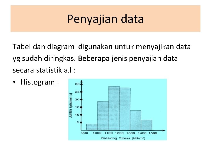 Penyajian data Tabel dan diagram digunakan untuk menyajikan data yg sudah diringkas. Beberapa jenis