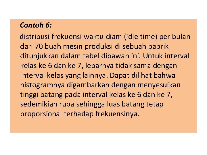 Contoh 6: distribusi frekuensi waktu diam (idle time) per bulan dari 70 buah mesin