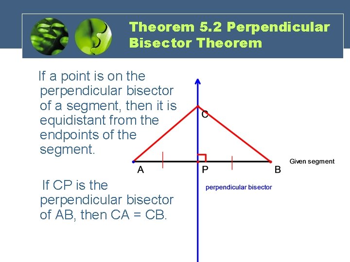 Theorem 5. 2 Perpendicular Bisector Theorem If a point is on the perpendicular bisector