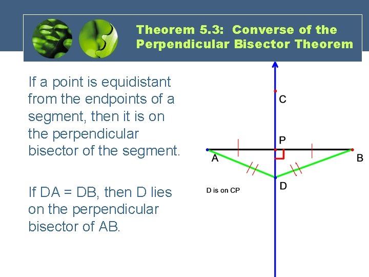 Theorem 5. 3: Converse of the Perpendicular Bisector Theorem If a point is equidistant