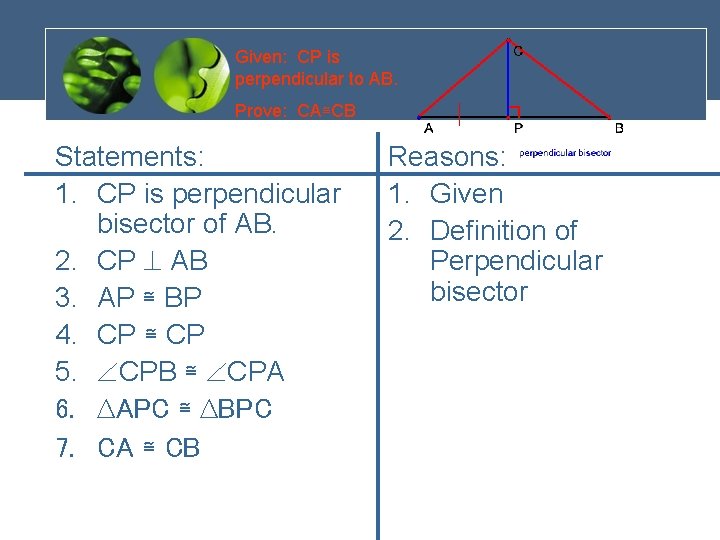 Given: CP is perpendicular to AB. Prove: CA≅CB Statements: 1. CP is perpendicular bisector