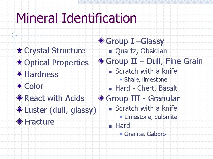 Mineral Identification Crystal Structure Optical Properties Hardness Color React with Acids Luster (dull, glassy)