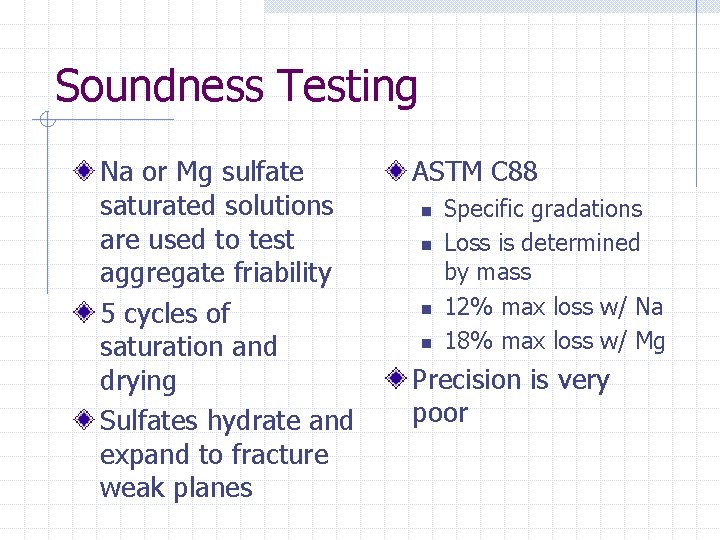 Soundness Testing Na or Mg sulfate saturated solutions are used to test aggregate friability