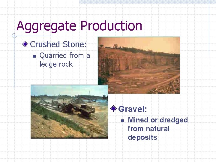 Aggregate Production Crushed Stone: n Quarried from a ledge rock Gravel: n Mined or