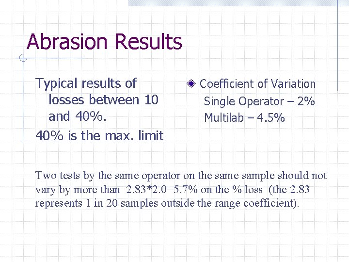 Abrasion Results Typical results of losses between 10 and 40% is the max. limit