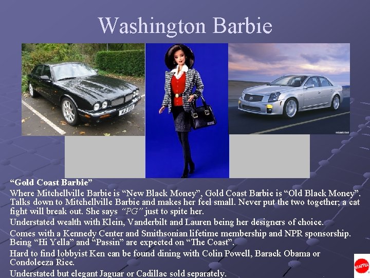 Washington Barbie “Gold Coast Barbie” Where Mitchellville Barbie is “New Black Money”, Gold Coast