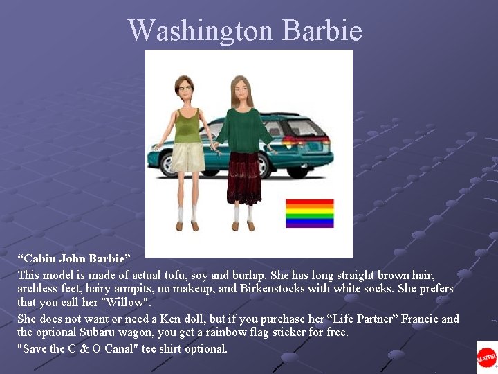 Washington Barbie “Cabin John Barbie” This model is made of actual tofu, soy and
