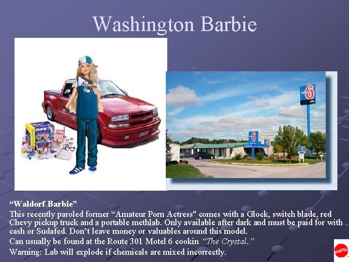 Washington Barbie “Waldorf Barbie” This recently paroled former “Amateur Porn Actress" comes with a
