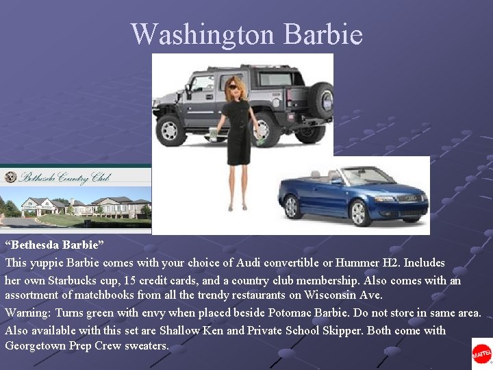 Washington Barbie “Bethesda Barbie” This yuppie Barbie comes with your choice of Audi convertible