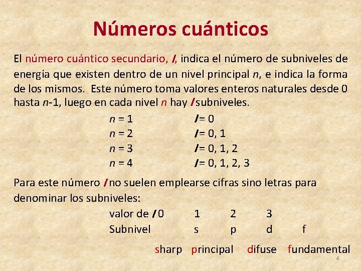 Números cuánticos El número cuántico secundario, l, indica el número de subniveles de energía