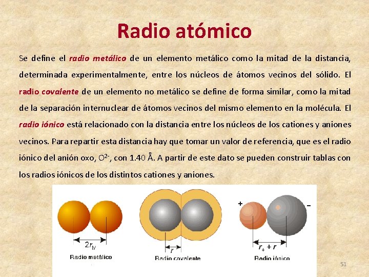 Radio atómico Se define el radio metálico de un elemento metálico como la mitad
