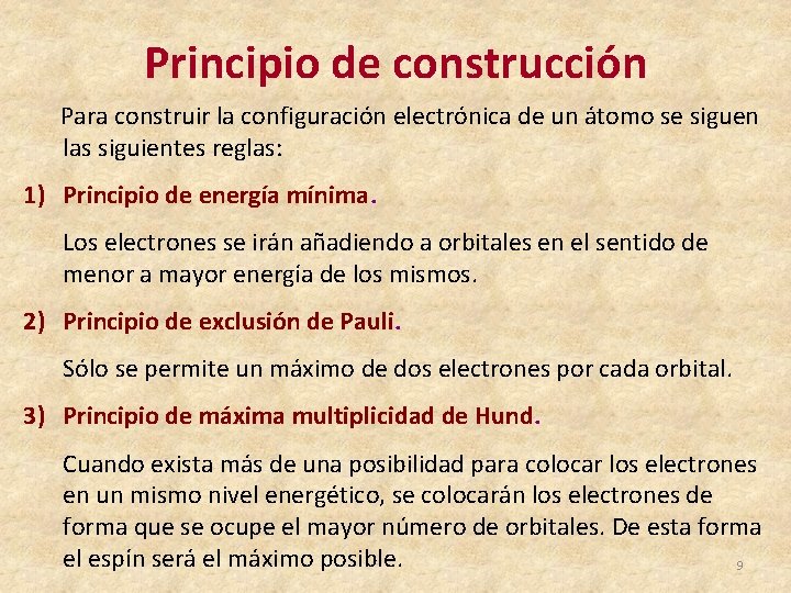 Principio de construcción Para construir la configuración electrónica de un átomo se siguen las