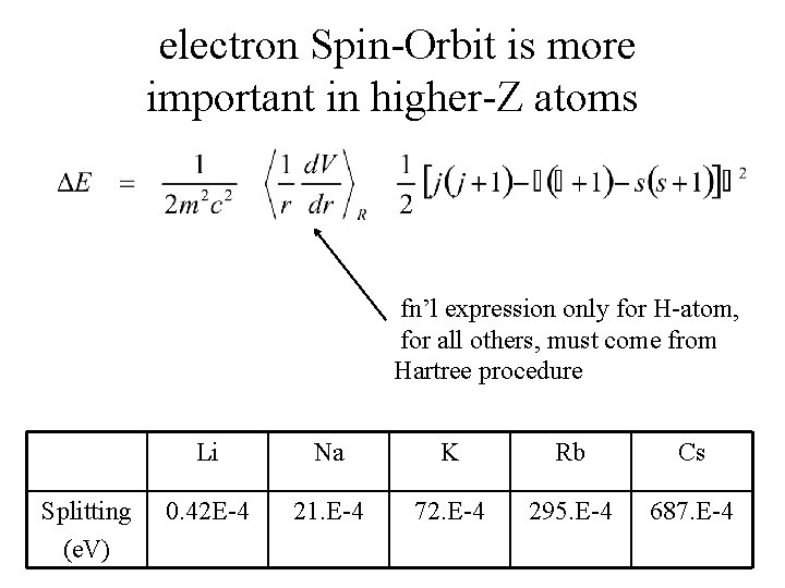  electron Spin-Orbit is more important in higher-Z atoms fn’l expression only for H-atom,