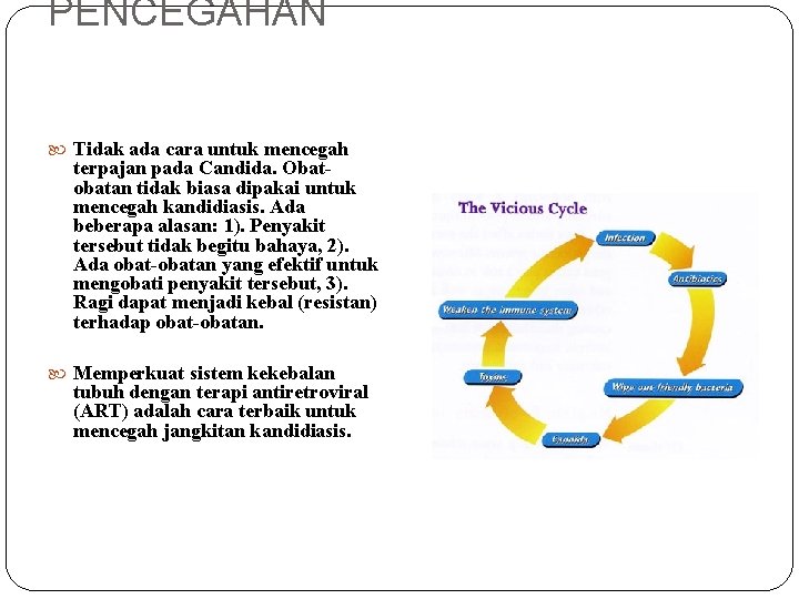 PENCEGAHAN Tidak ada cara untuk mencegah terpajan pada Candida. Obatobatan tidak biasa dipakai untuk