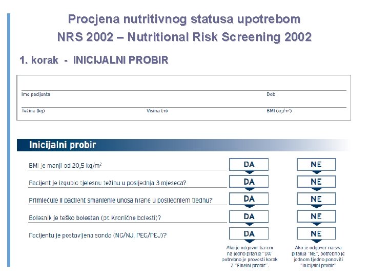 Procjena nutritivnog statusa upotrebom NRS 2002 – Nutritional Risk Screening 2002 1. korak -