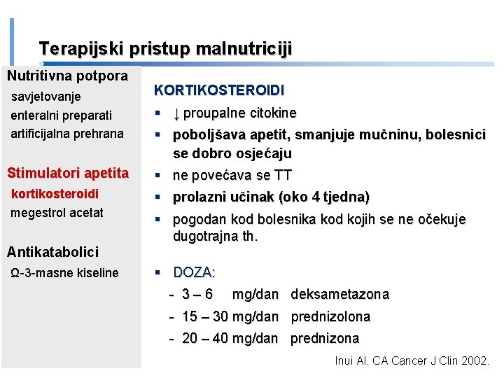 Terapijski pristup malnutriciji Nutritivna potpora savjetovanje enteralni preparati artificijalna prehrana Stimulatori apetita kortikosteroidi megestrol