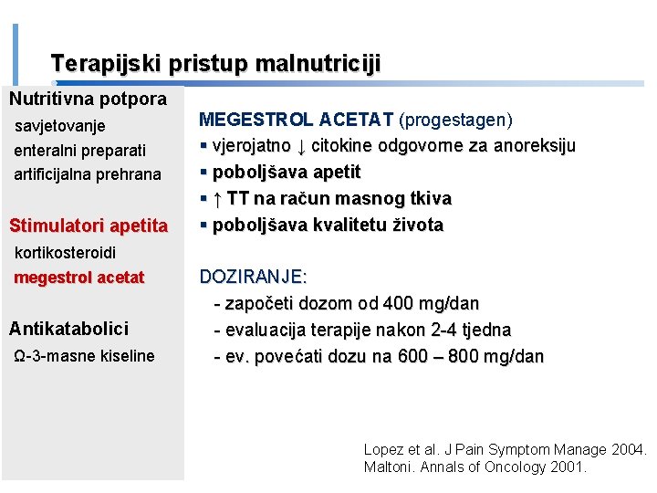 Terapijski pristup malnutriciji Nutritivna potpora savjetovanje enteralni preparati artificijalna prehrana Stimulatori apetita kortikosteroidi megestrol