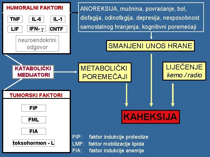 HUMORALNI FAKTORI ANOREKSIJA, mučnina, povraćanje, bol, TNF IL-6 IL-1 disfagija, odinofagija, depresija, nesposobnost LIF