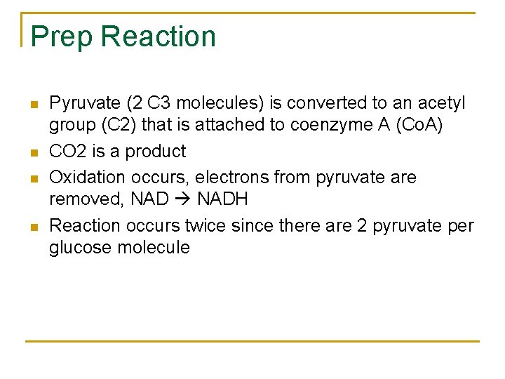 Prep Reaction n n Pyruvate (2 C 3 molecules) is converted to an acetyl