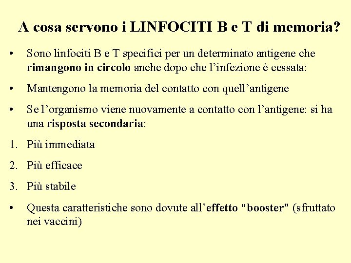 A cosa servono i LINFOCITI B e T di memoria? • Sono linfociti B