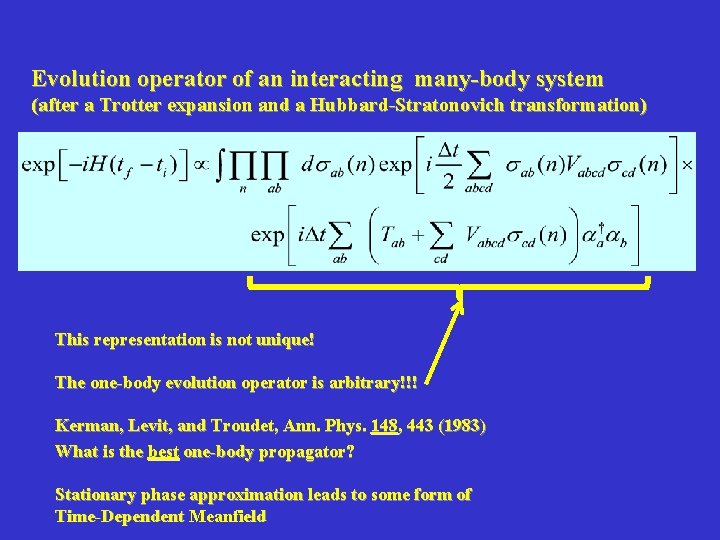 Evolution operator of an interacting many-body system (after a Trotter expansion and a Hubbard-Stratonovich