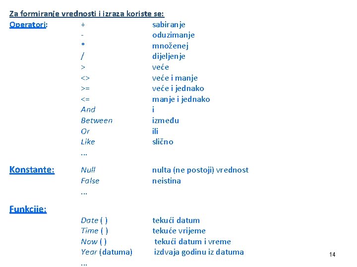 Za formiranje vrednosti i izraza koriste se: Operatori: + sabiranje oduzimanje * množenej /