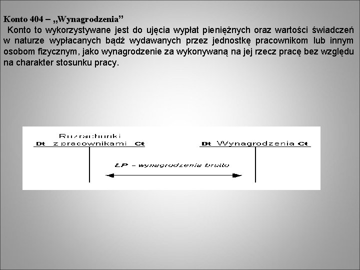 Konto 404 – „Wynagrodzenia” Konto to wykorzystywane jest do ujęcia wypłat pieniężnych oraz wartości