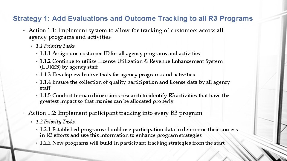 Strategy 1: Add Evaluations and Outcome Tracking to all R 3 Programs • Action