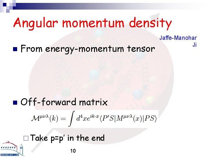 Angular momentum density n From energy-momentum tensor n Off-forward matrix ¨ Take p=p’ in