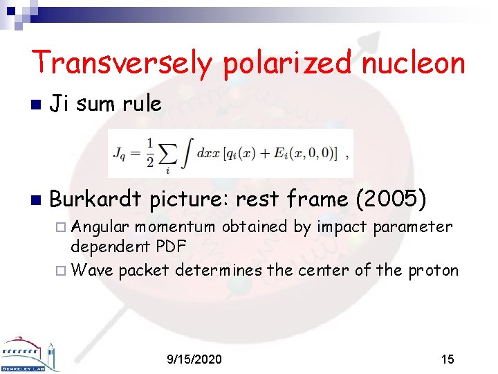 Transversely polarized nucleon n Ji sum rule n Burkardt picture: rest frame (2005) ¨