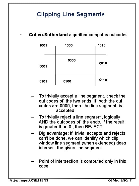 Clipping Line Segments • Cohen-Sutherland algorithm computes outcodes 1001 1000 0001 0101 – –