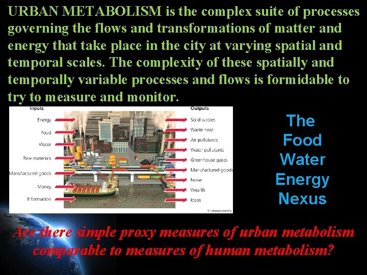 URBAN METABOLISM is the complex suite of processes governing the flows and transformations of