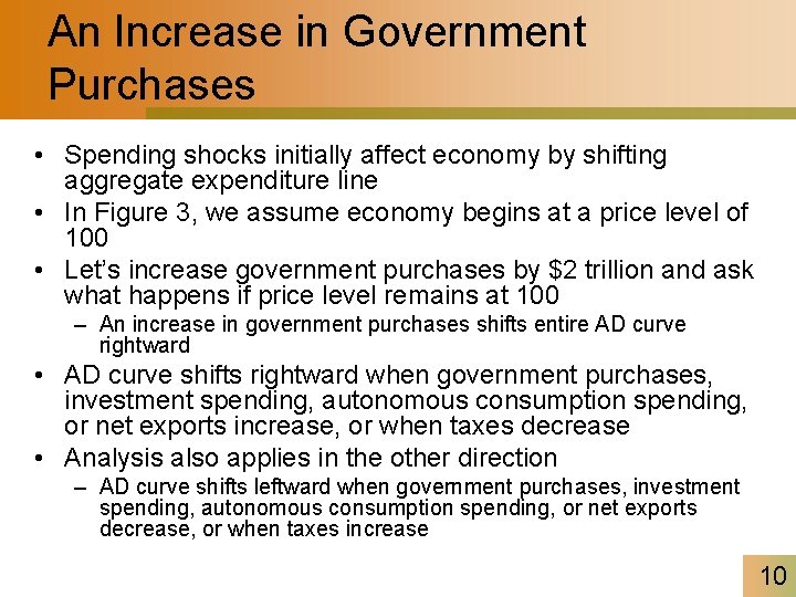 An Increase in Government Purchases • Spending shocks initially affect economy by shifting aggregate
