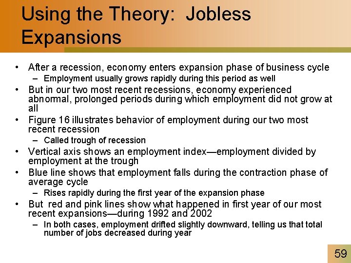 Using the Theory: Jobless Expansions • After a recession, economy enters expansion phase of