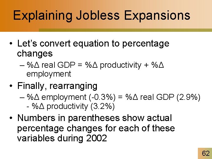 Explaining Jobless Expansions • Let’s convert equation to percentage changes – %Δ real GDP