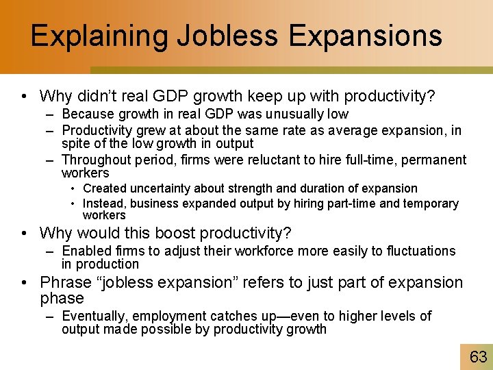 Explaining Jobless Expansions • Why didn’t real GDP growth keep up with productivity? –