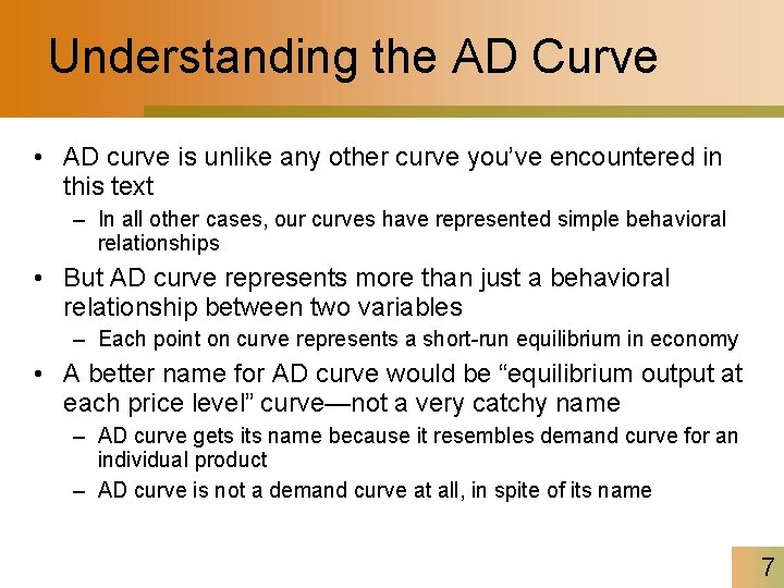Understanding the AD Curve • AD curve is unlike any other curve you’ve encountered